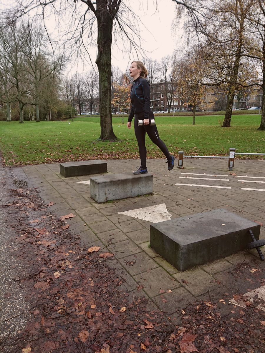 Stapoefening op een verhoging tussen gevallen bladeren